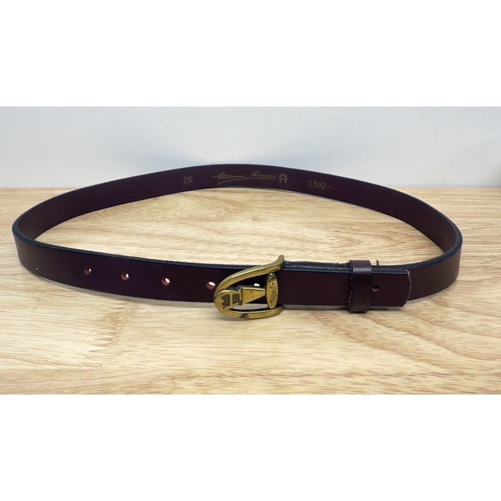Etienne Aigner Leather Belt 26 Skinny Brown Brass Buckle Vintage Old Money #32